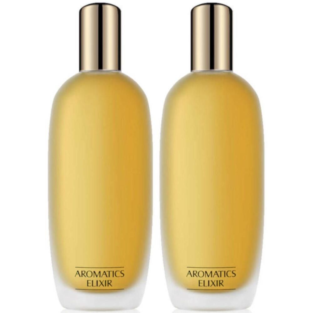 Twee parfumflacons met goudkleurige vloeistof. Gouden dop. Opschrift: Aromatics Elixir.