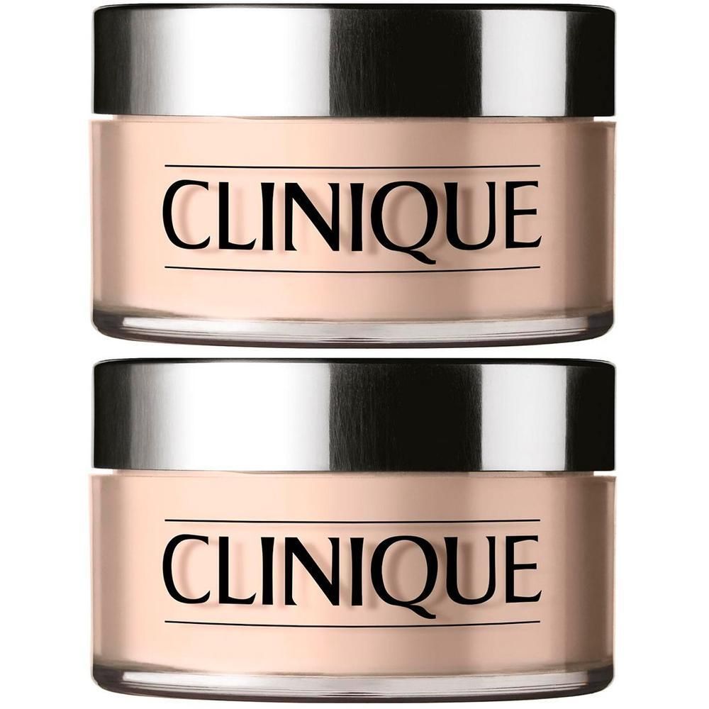Deux pots de poudre translucide avec couvercles argentés. Le mot CLINIQUE est clairement visible.