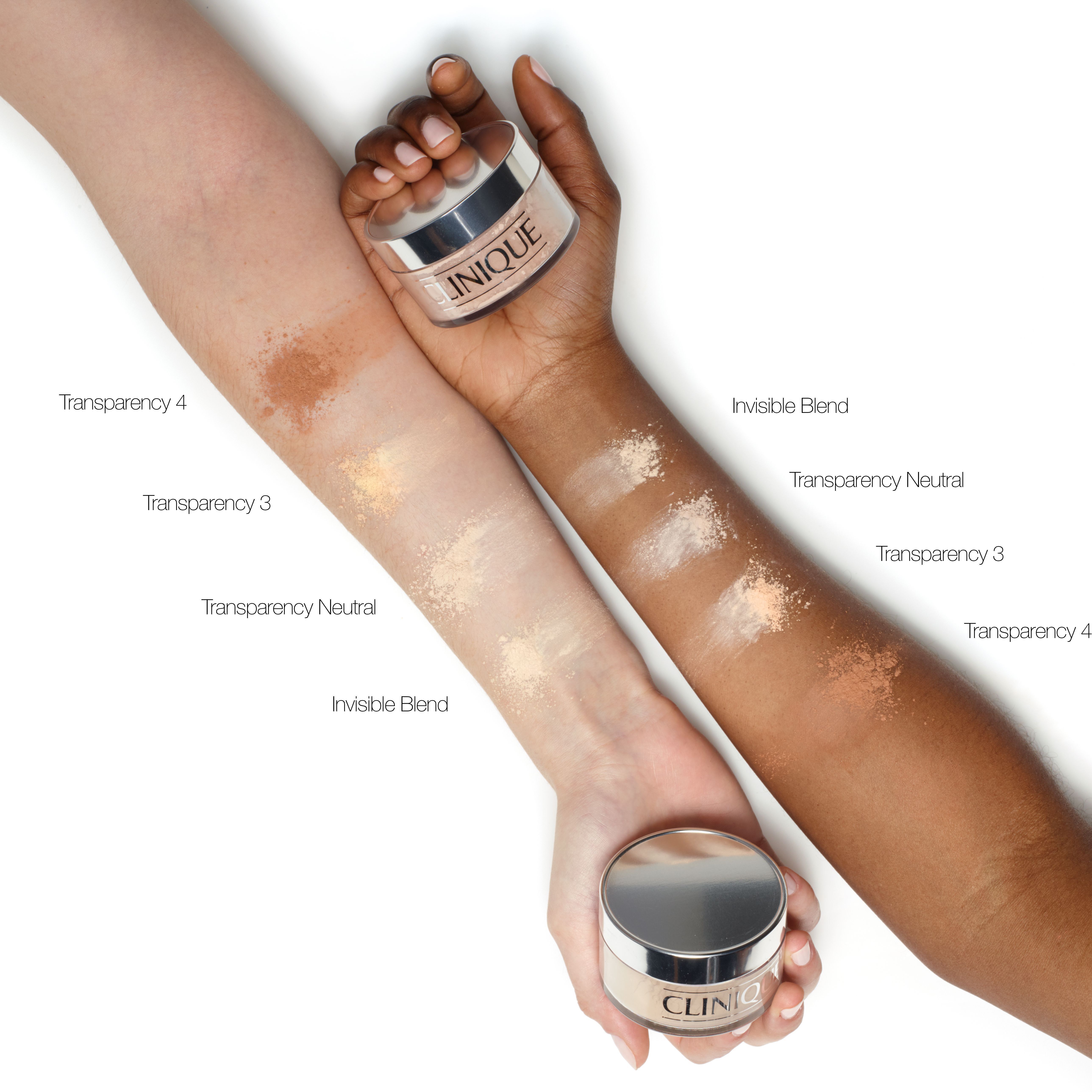 Armen met aangebrachte Clinique poedertinten: Transparency 3, Neutral, Invisible Blend.