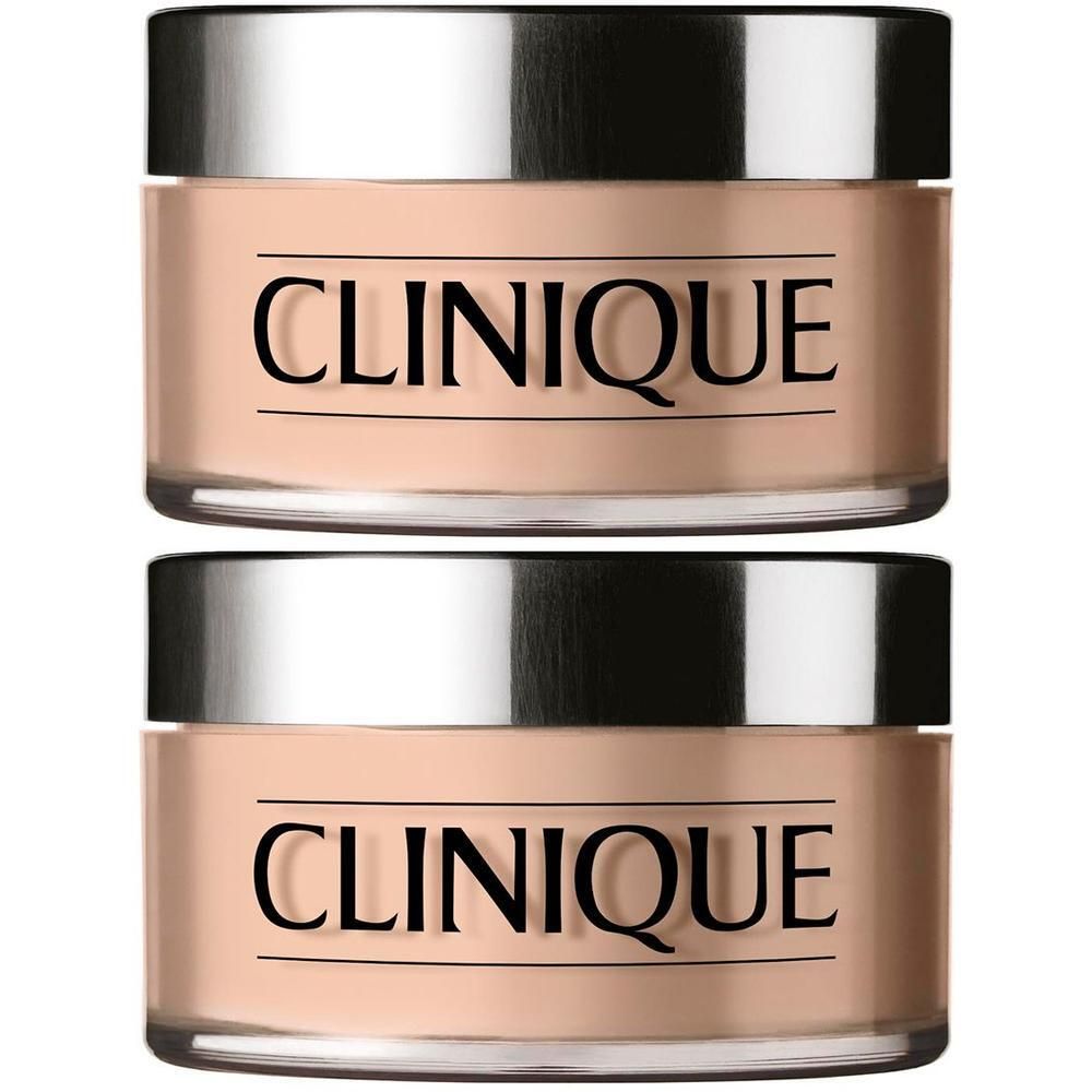 Deux pots de poudre. Contenu beige, couvercle argenté. Inscription : CLINIQUE.