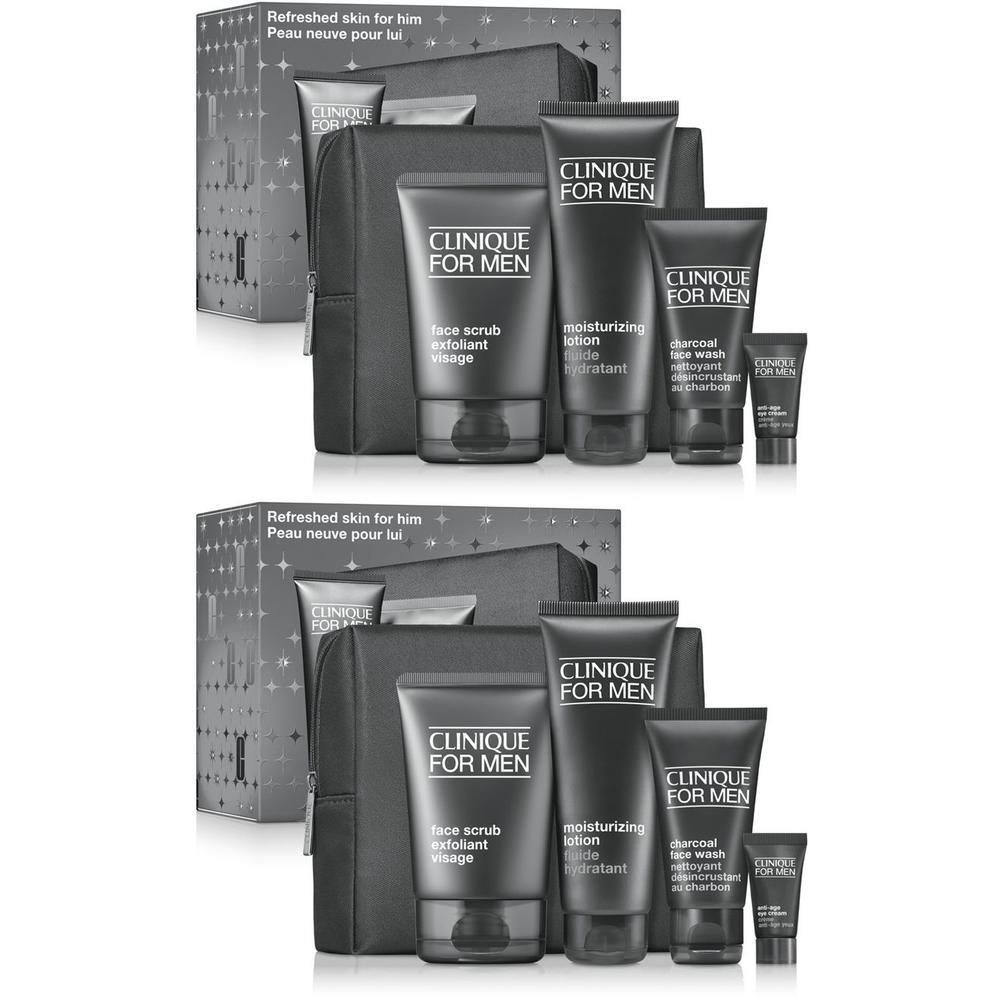 Set Clinique For Men avec trousse de toilette et quatre soins : crème hydratante, exfoliant, nettoyant visage, contour des yeux.