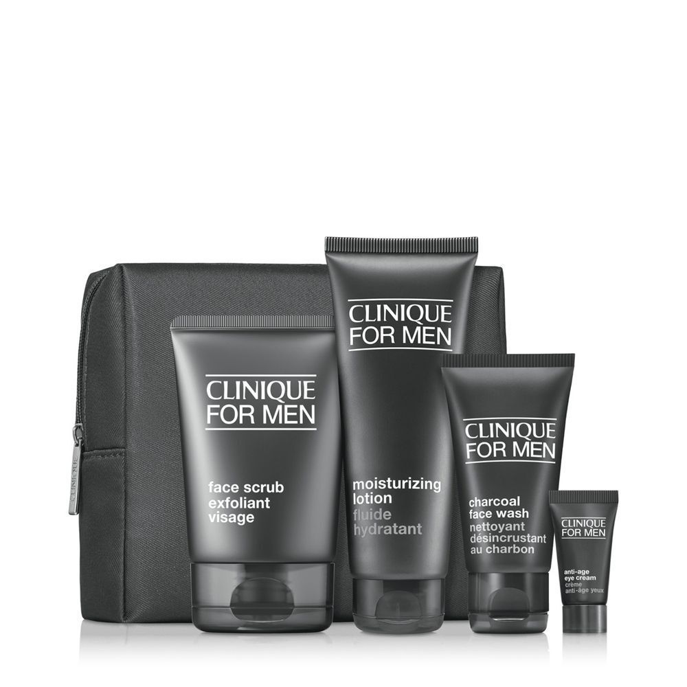 Set Clinique For Men avec trousse de toilette et quatre soins : crème hydratante, exfoliant, nettoyant visage, contour des yeux.