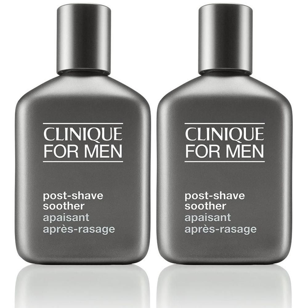 Deux flacons gris avec bouchons noirs. Inscription : CLINIQUE FOR MEN, post-shave soother, apaisant, après-rasage.