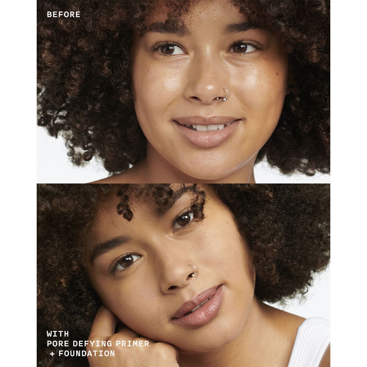Voor-en-na vergelijking van een gezicht met CLINIQUE Even Better Pore Defying Primer en foundation.