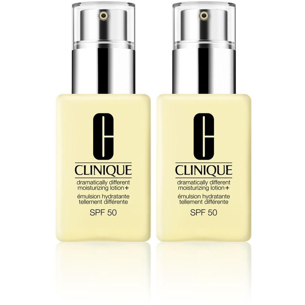 Deux flacons de Clinique Dramatically Different™ Moisturizing Lotion SPF 50 avec distributeurs à pompe.