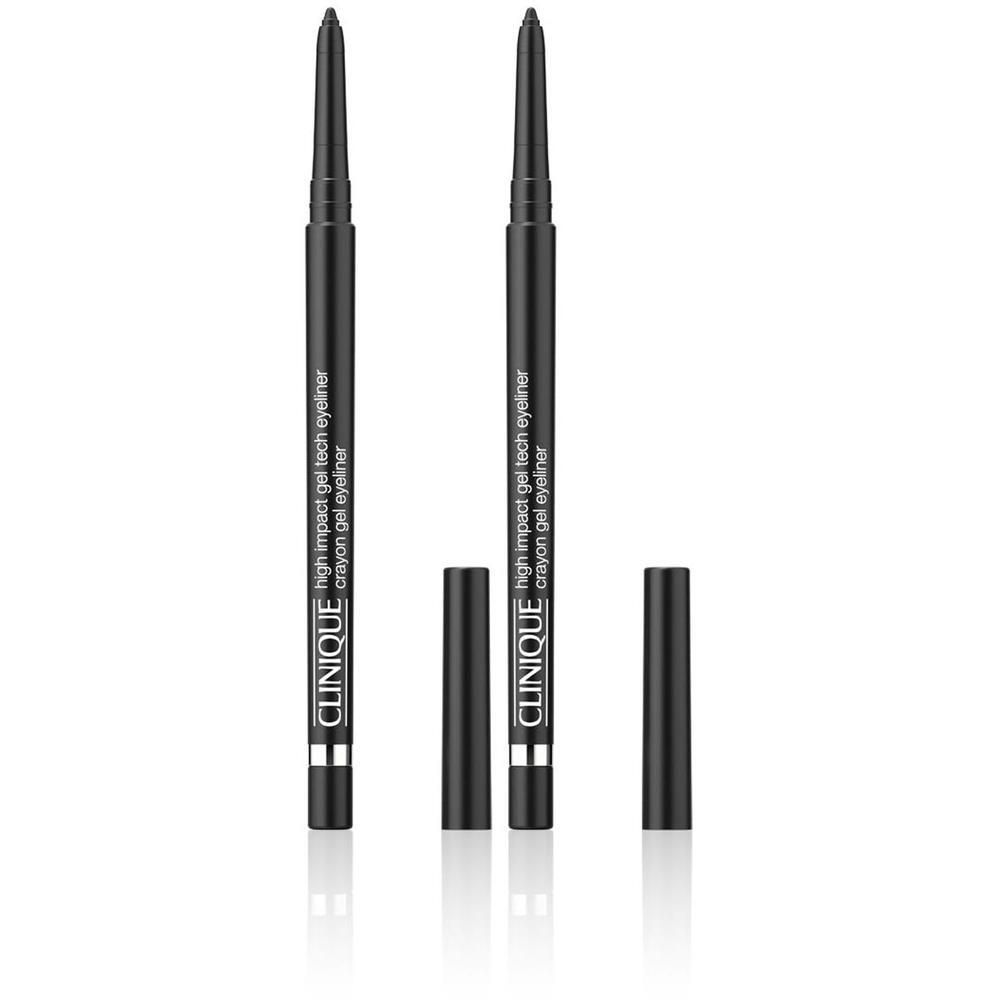 Twee zwarte eyeliners met doppen. Op de stiften staat "CLINIQUE high impact gel tech eyeliner crayon gel eyeliner".