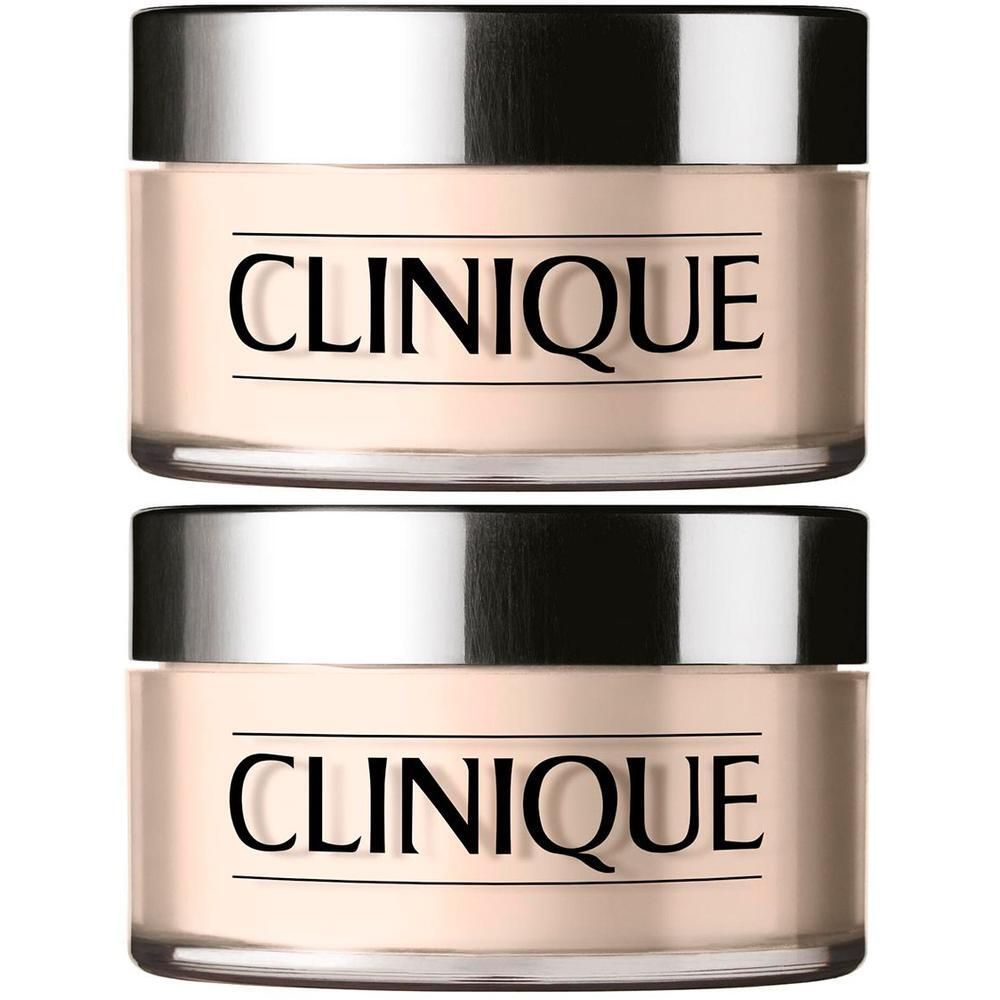 Twee transparante poederpotten met zilveren deksels. De merknaam CLINIQUE is duidelijk zichtbaar.