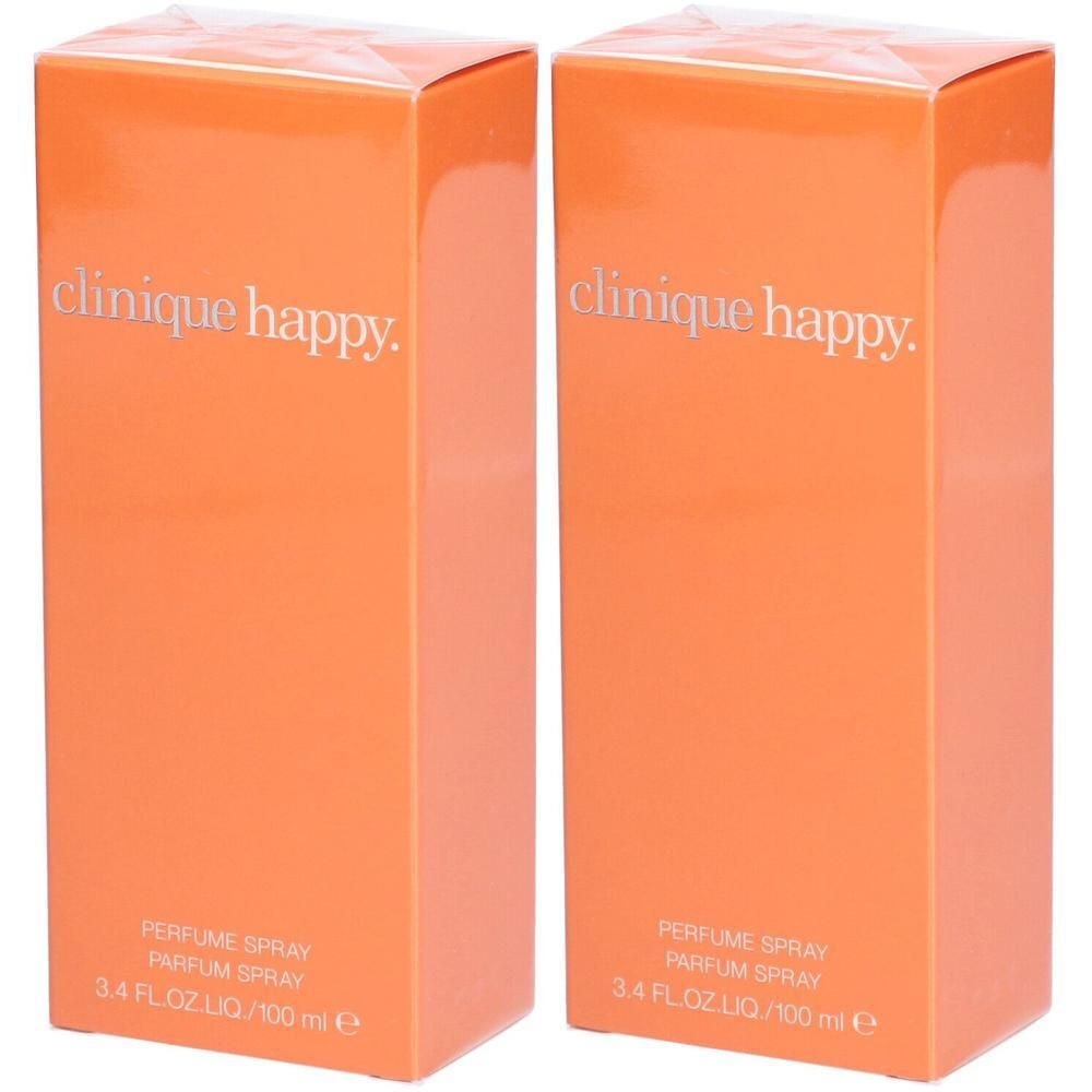 Deux boîtes orange avec l'inscription "clinique happy". Inscription : "PERFUME SPRAY".