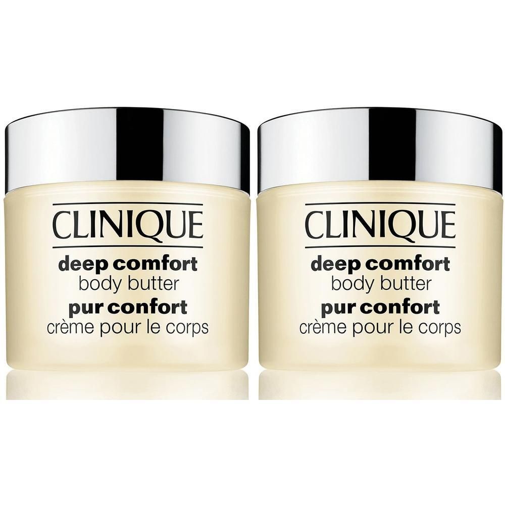 Twee potten Clinique Deep Comfort Body Butter. Crèmekleurige potten met zilveren deksels. Zwarte tekst.