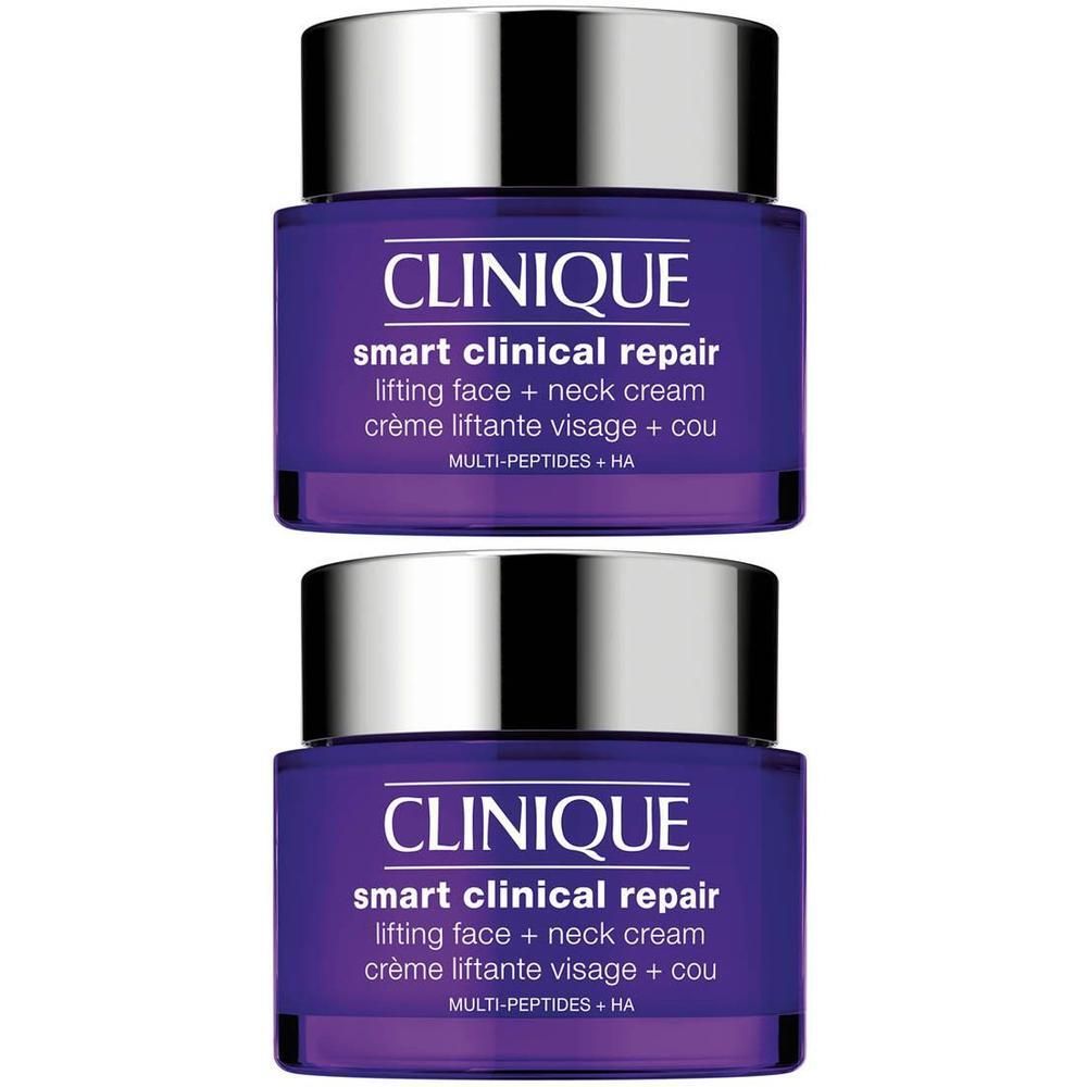 Twee potten Clinique Smart Clinical Repair crème. Paars glas, zilveren deksel. Opschrift.