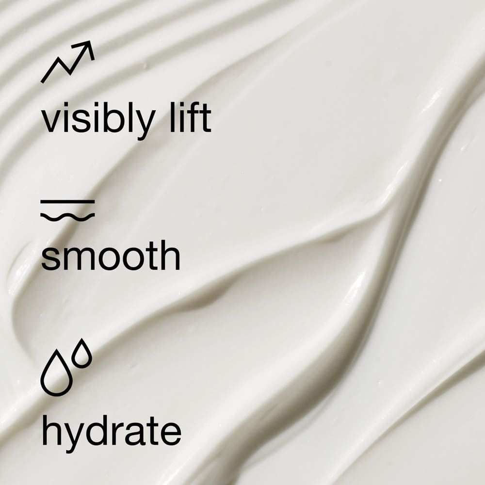 Texte : visibly lift, smooth, hydrate. Flèche, ligne ondulée, gouttes. Texture crème.