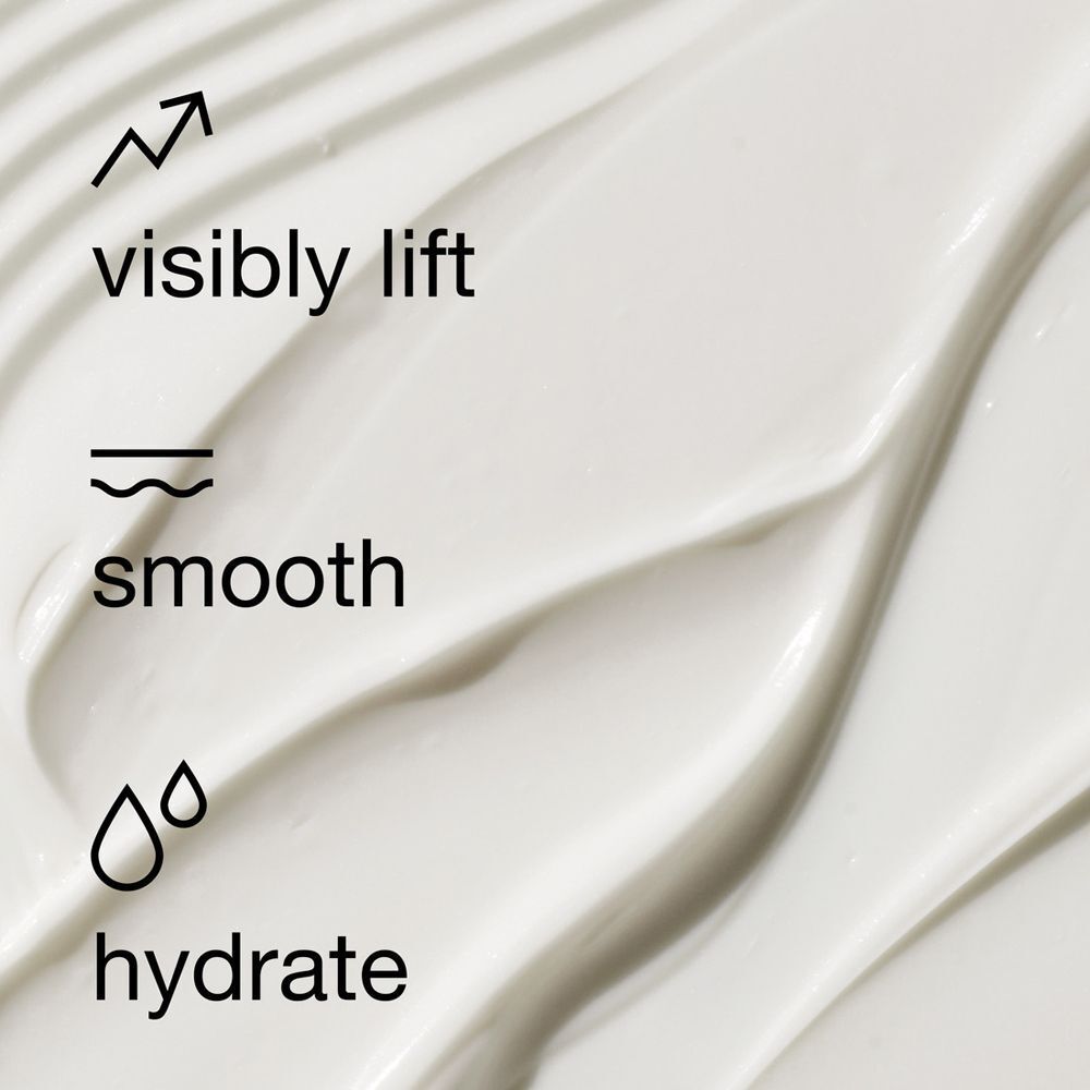 Textuur van Clinique Smart Clinical Repair Lifting Face + Neck Cream met iconen voor lifting en gladheid.