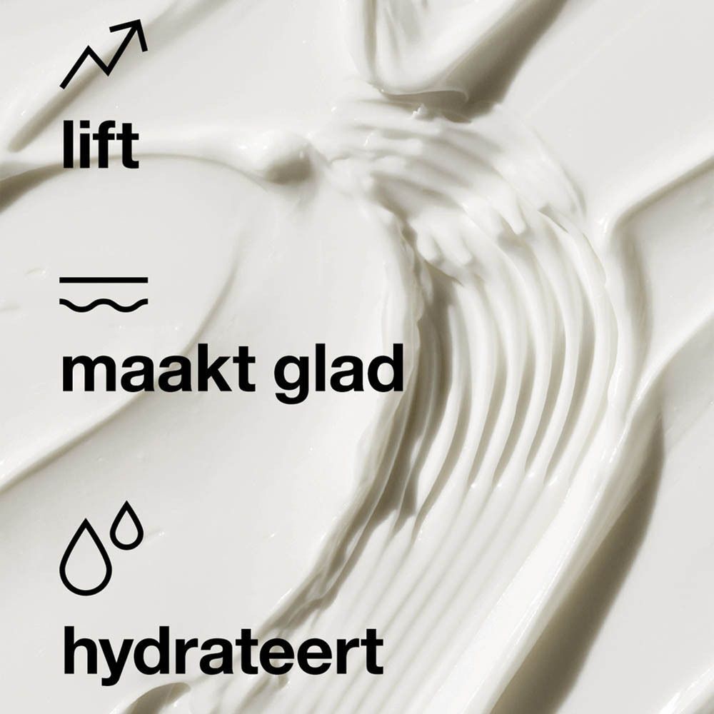 Tekst: lift, maakt glad, hydrateert. Pijl, golflijn, druppels. Crèmetextuur.