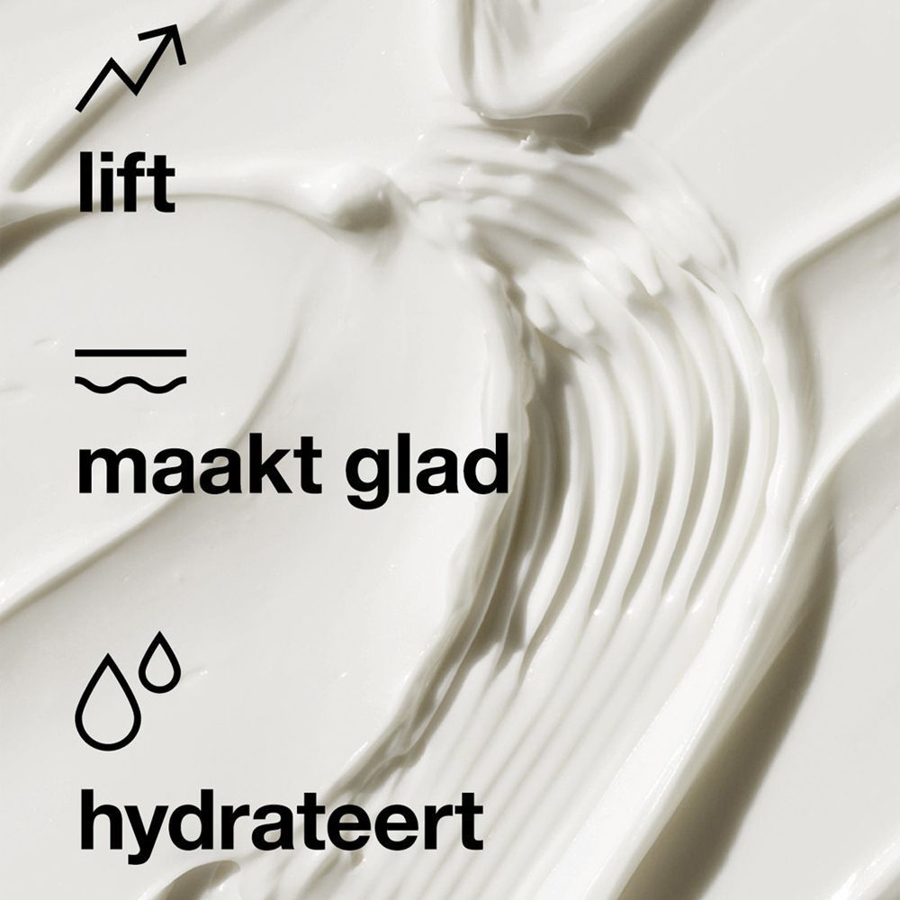 Textuur van Clinique Smart Clinical Repair Lifting Face + Neck Cream met iconen voor lifting en gladheid.