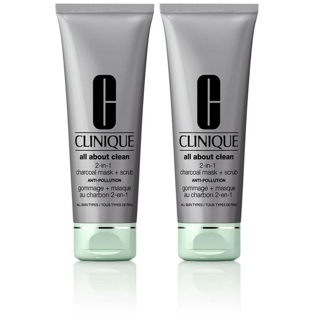 Twee tubes Clinique All About Clean. Grijze tubes met groene doppen. Zwarte tekst: Clinique, all about clean, 2-in-1, anti-pollution.
