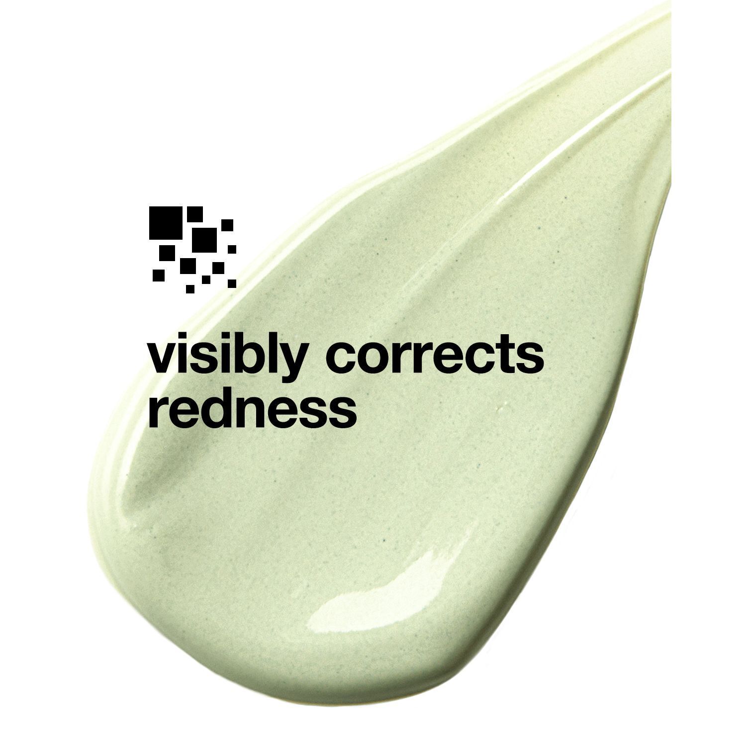 Touche de crème verte avec texte : 'visibly corrects redness'.
