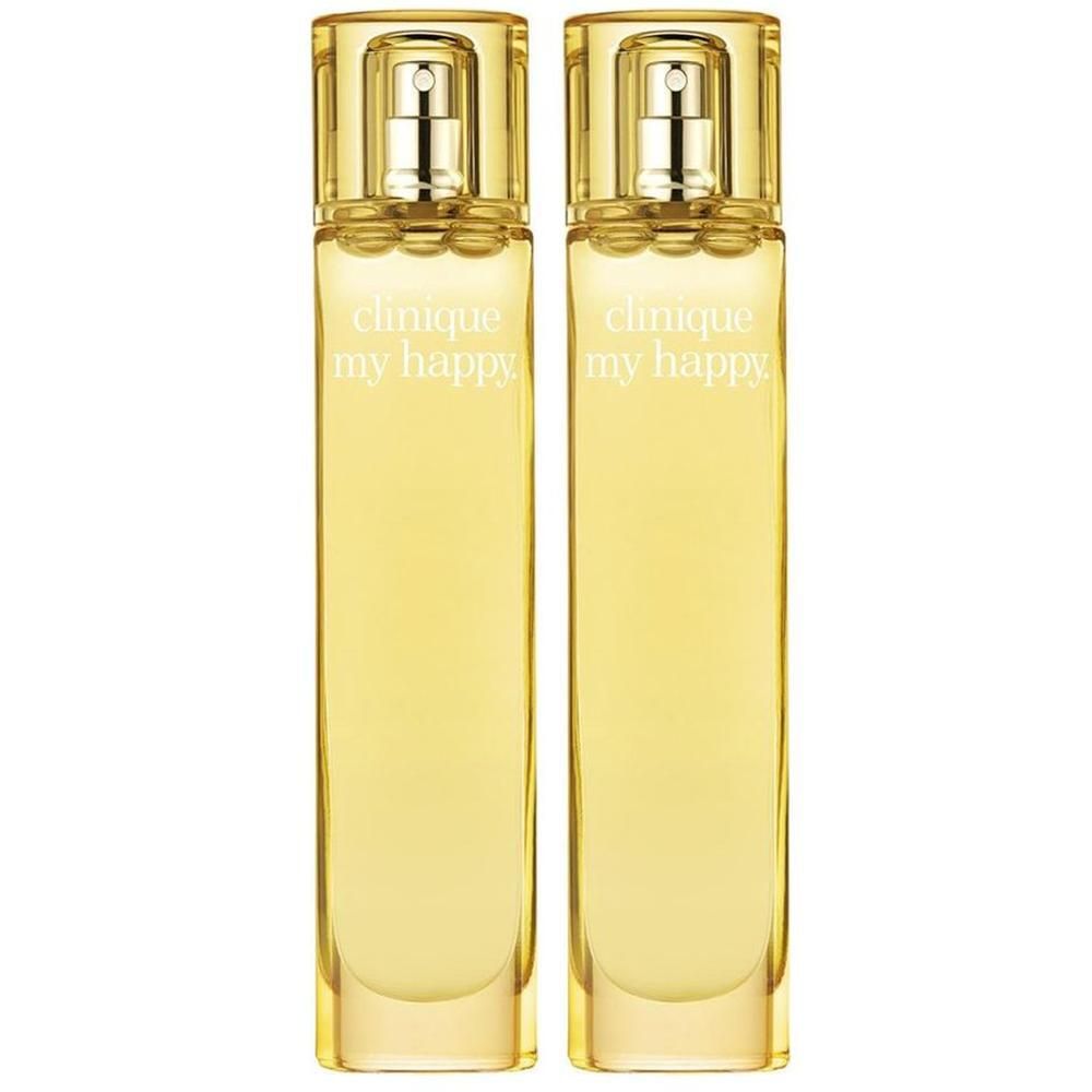 Twee gele flacons. Opschrift: Clinique my happy. Transparante, rechthoekige vorm met verstuiver.