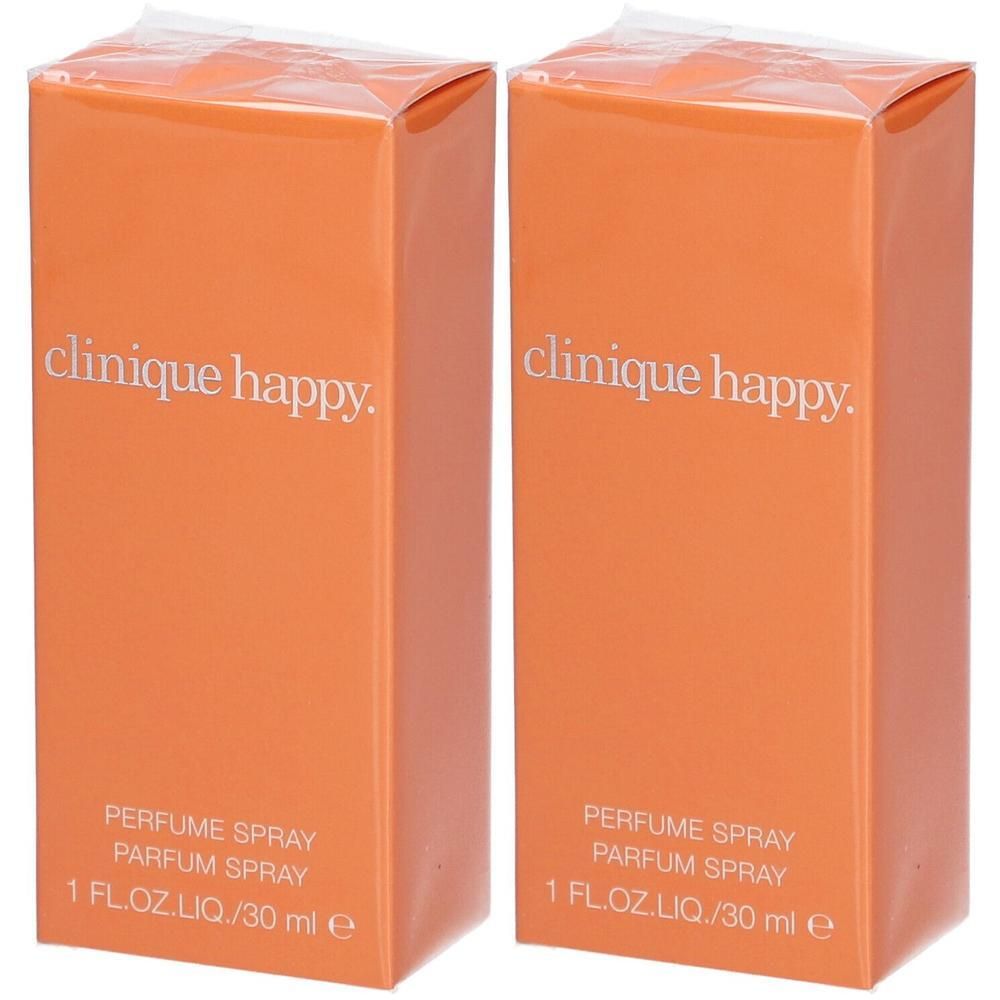 Twee oranje dozen met "clinique happy". Opschrift: "PERFUME SPRAY", "1 FL.OZ.LIQ./30 ml e". Verpakt in transparante folie.