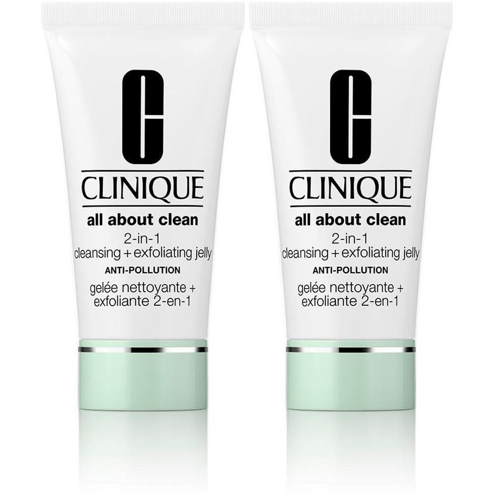 Twee tubes Clinique All About Clean. Wit, zwart logo en tekst. Mintgroene basis. Tekst: 2-in-1, Anti-Pollution.