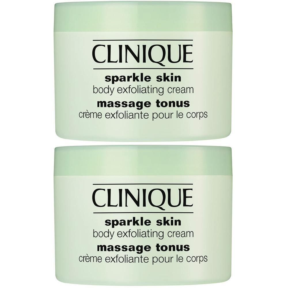 Deux pots crème avec couvercles vert clair. Inscription CLINIQUE, sparkle skin, body exfoliating cream, massage tonus, crème exfoliante pour le corps.