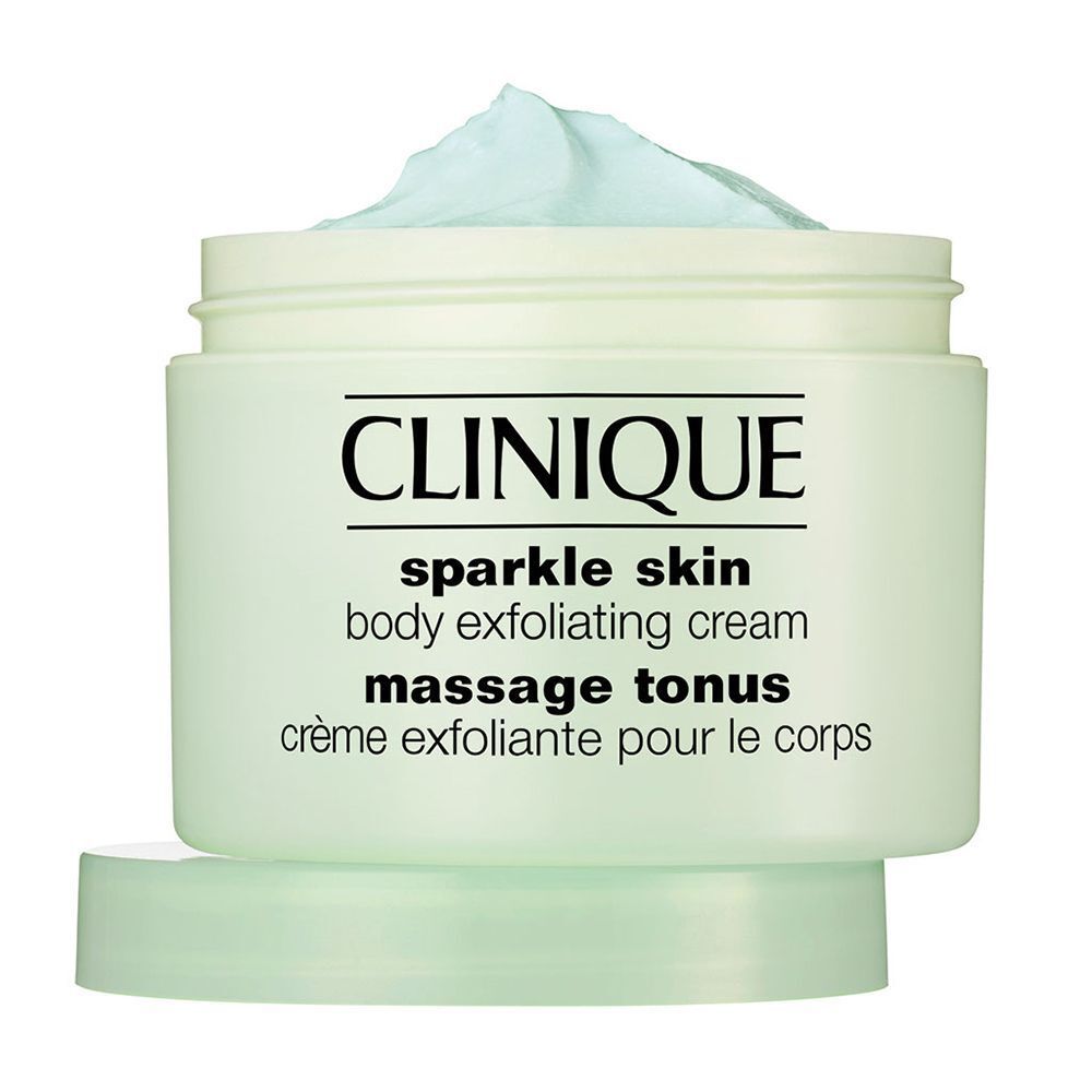 Een geopende pot Clinique Sparkle Skin Body Exfoliating Cream met lichtgroene crème.