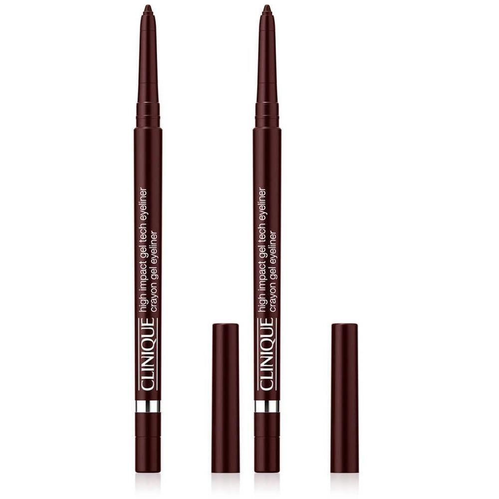 Deux eyeliners Clinique High Impact™ Gel Tech, noir miel. Forme crayon, couleur marron foncé, avec capuchon.