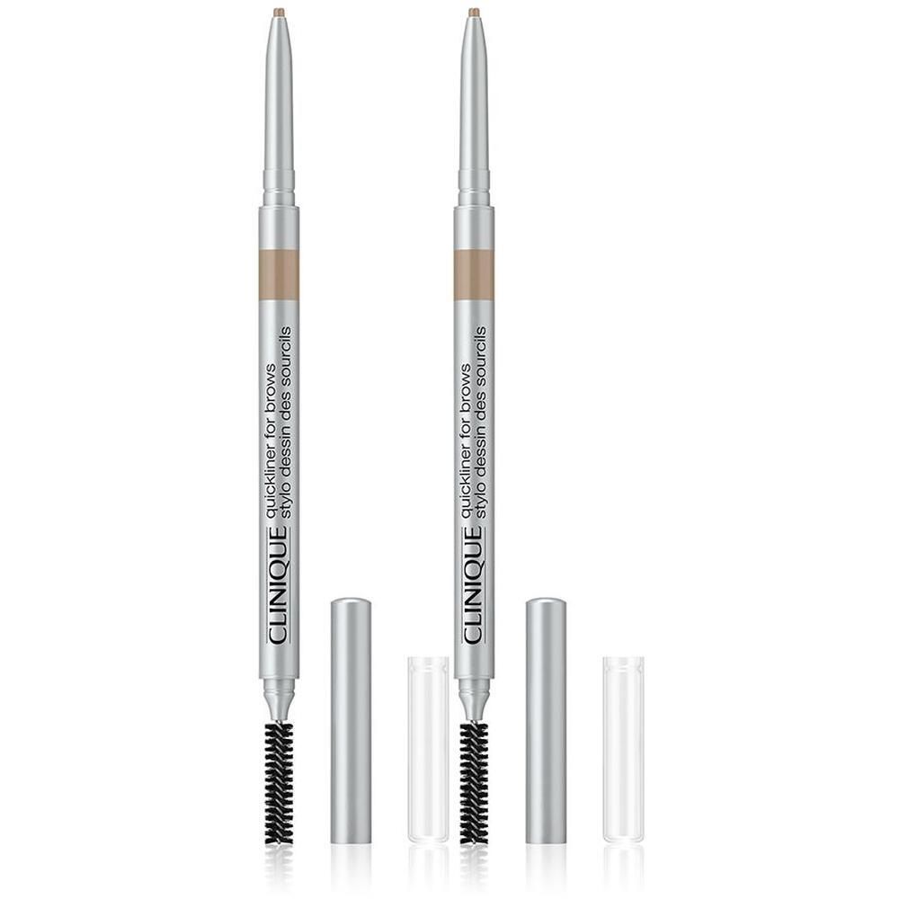 Deux crayons à sourcils avec brosse et capuchon. Inscription : Clinique Quickliner for Brows. Couleur : Sandy Blonde.