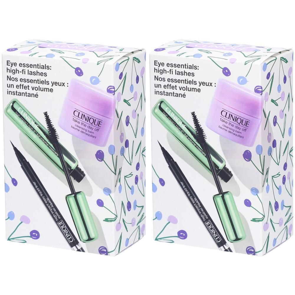 Twee Clinique oogproducten sets. Bevatten mascara, eyeliner en make-up remover. Verpakking met bloemenpatroon.