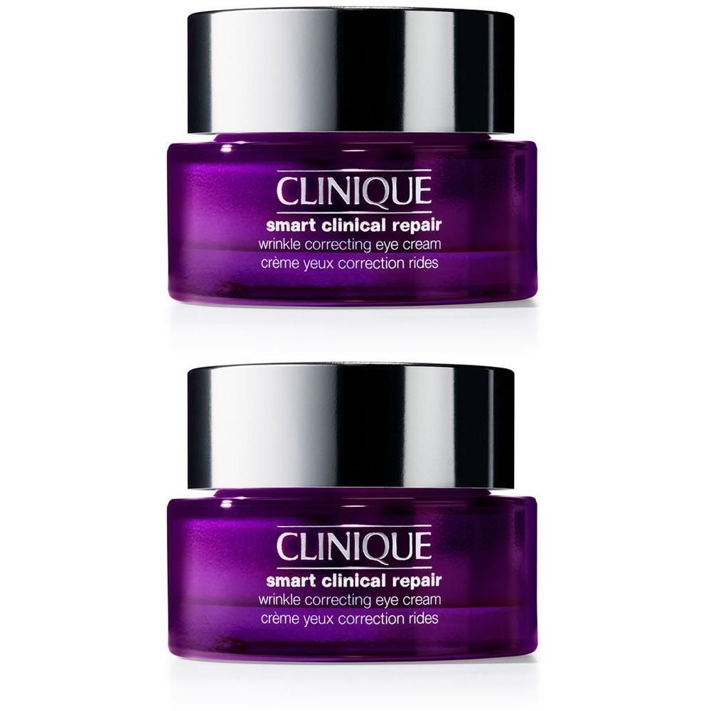 Twee Clinique Smart Clinical Repair oogcrème potjes van paars glas met zilveren dop.