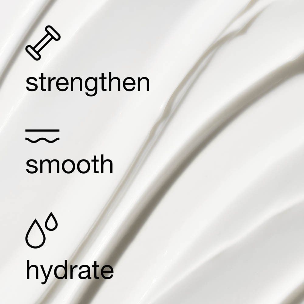 Afbeelding met symbolen en tekst: versterken, gladmaken, hydrateren. Witte crème op de achtergrond.