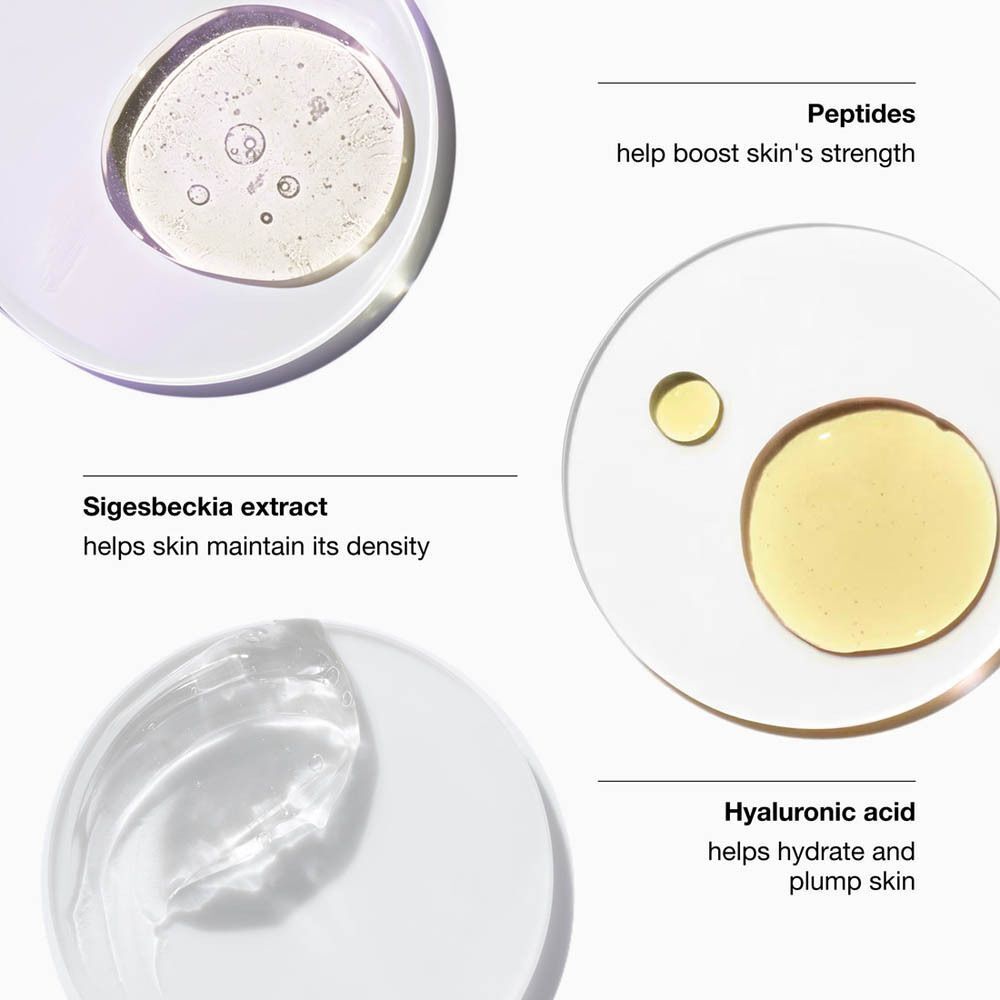 Gros plan sur les ingrédients : peptides, extrait de Sigesbeckia, acide hyaluronique. Liquides dans des coupelles.