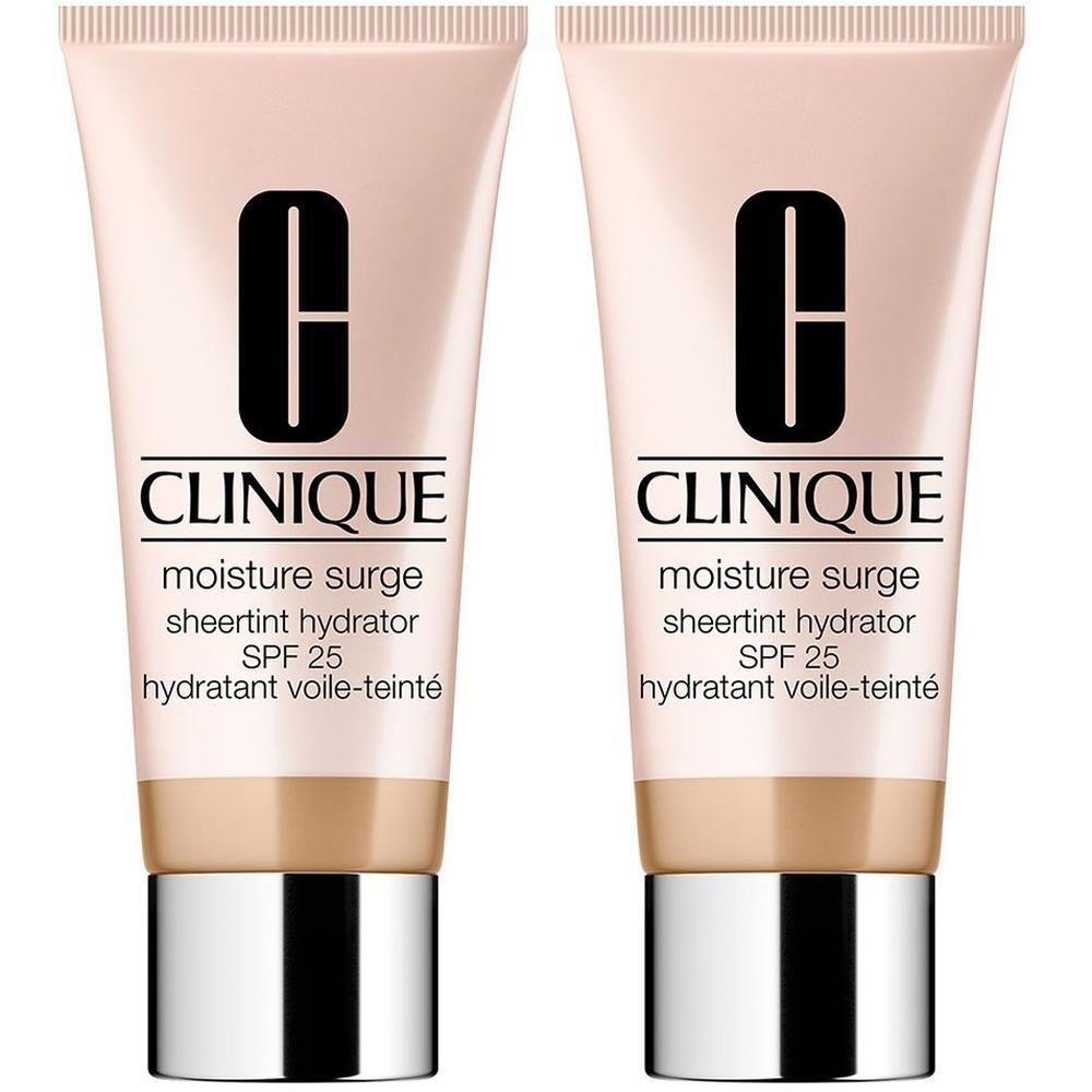Deux tubes de Clinique Moisture Surge Hydratant Voile-Teinté SPF25. Tubes rose-beige avec bouchons argentés. Logo noir et texte.