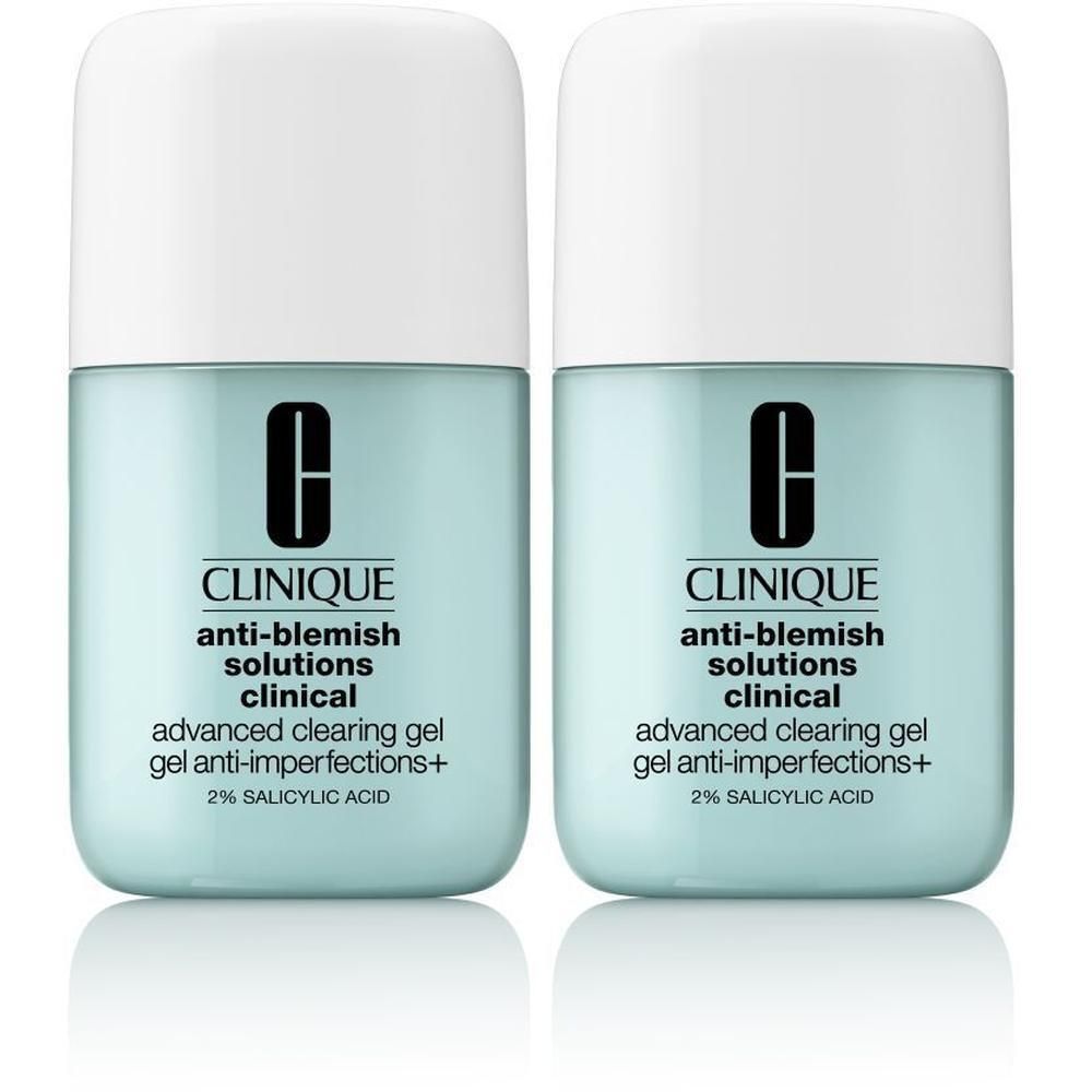 Twee gel flacons. Lichtblauwe flacons met witte dop. Opschrift: Clinique, Anti-Blemish Solutions, advanced clearing gel.