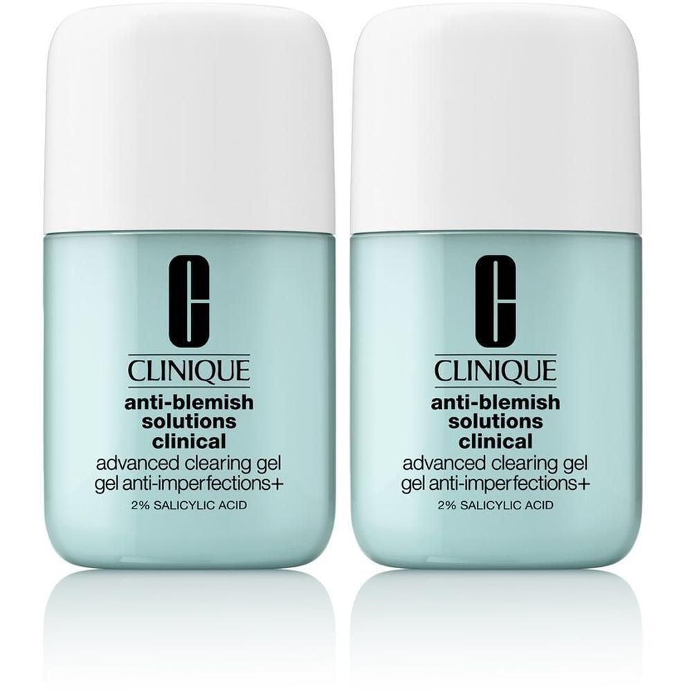 Deux flacons Clinique Anti-Blemish Solutions avec gel bleu et bouchon blanc.
