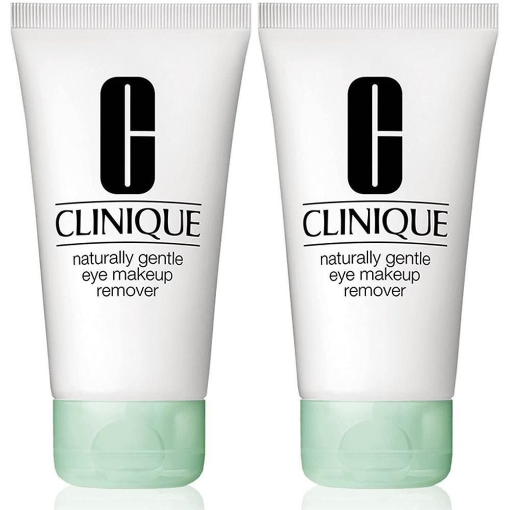 Twee tubes Clinique oogmake-up remover. Witte tubes met groene doppen. Zwart Clinique logo en tekst.
