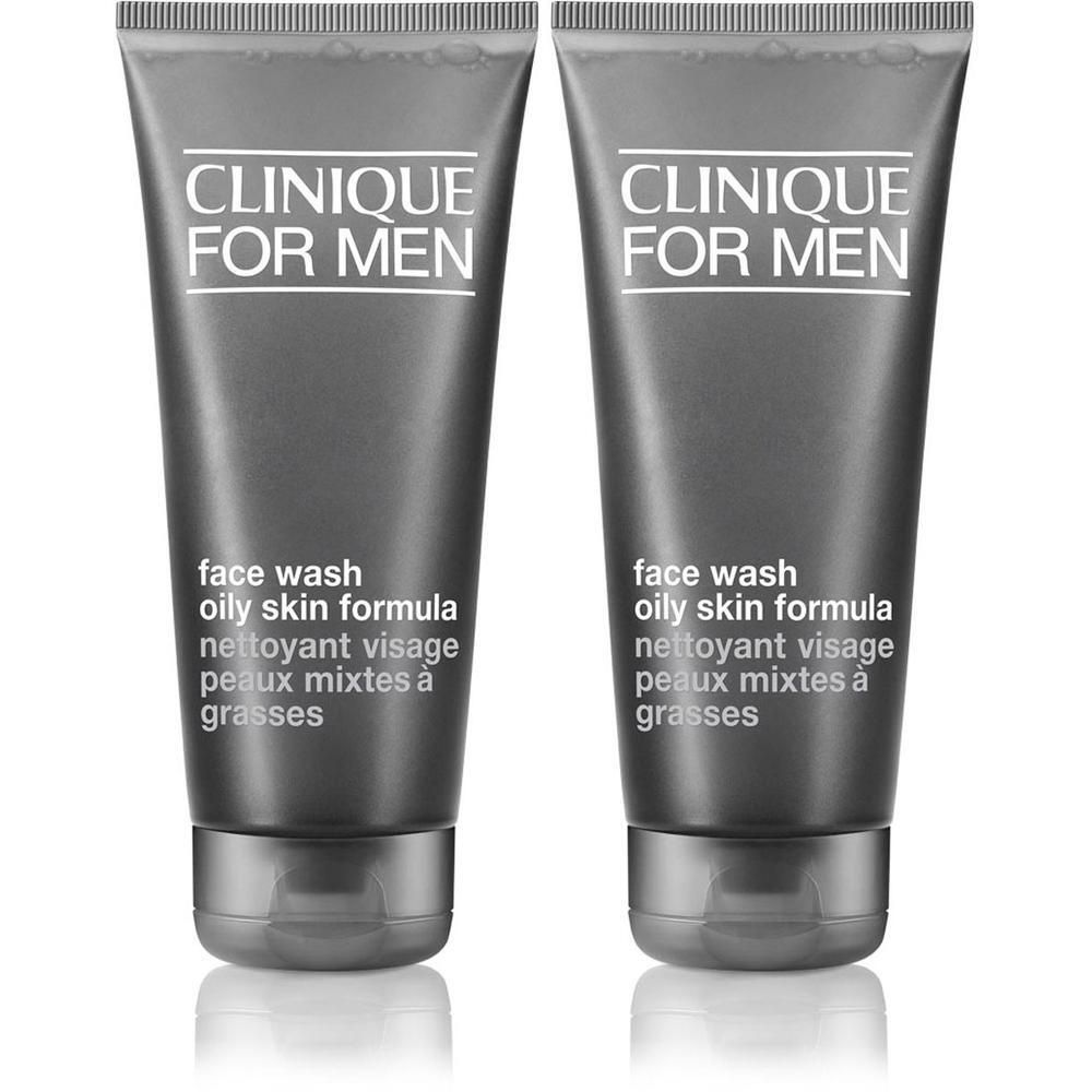 Twee tubes CLINIQUE FOR MEN face wash voor de gemengde tot vette huid. Grijze tube met witte tekst.