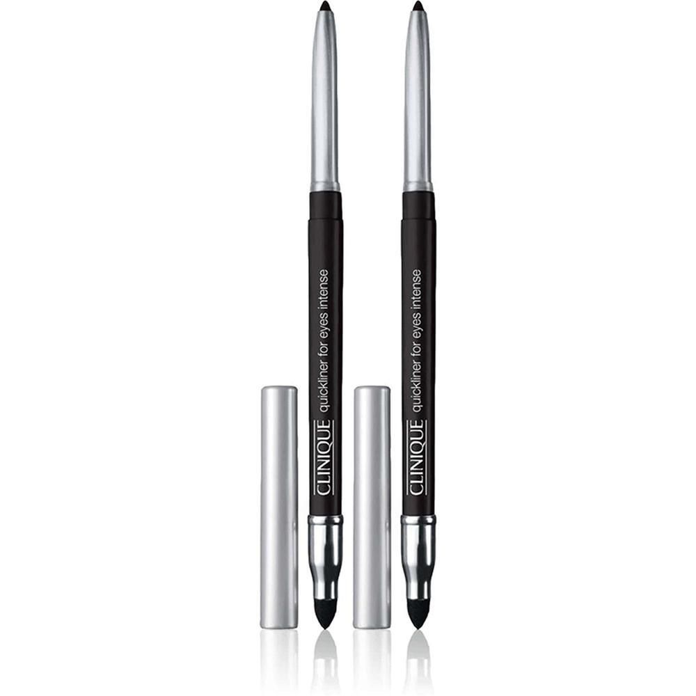 Deux eye-liners noirs Clinique Quickliner™ For Eyes Intense avec capuchons argentés. Le crayon est ouvert.