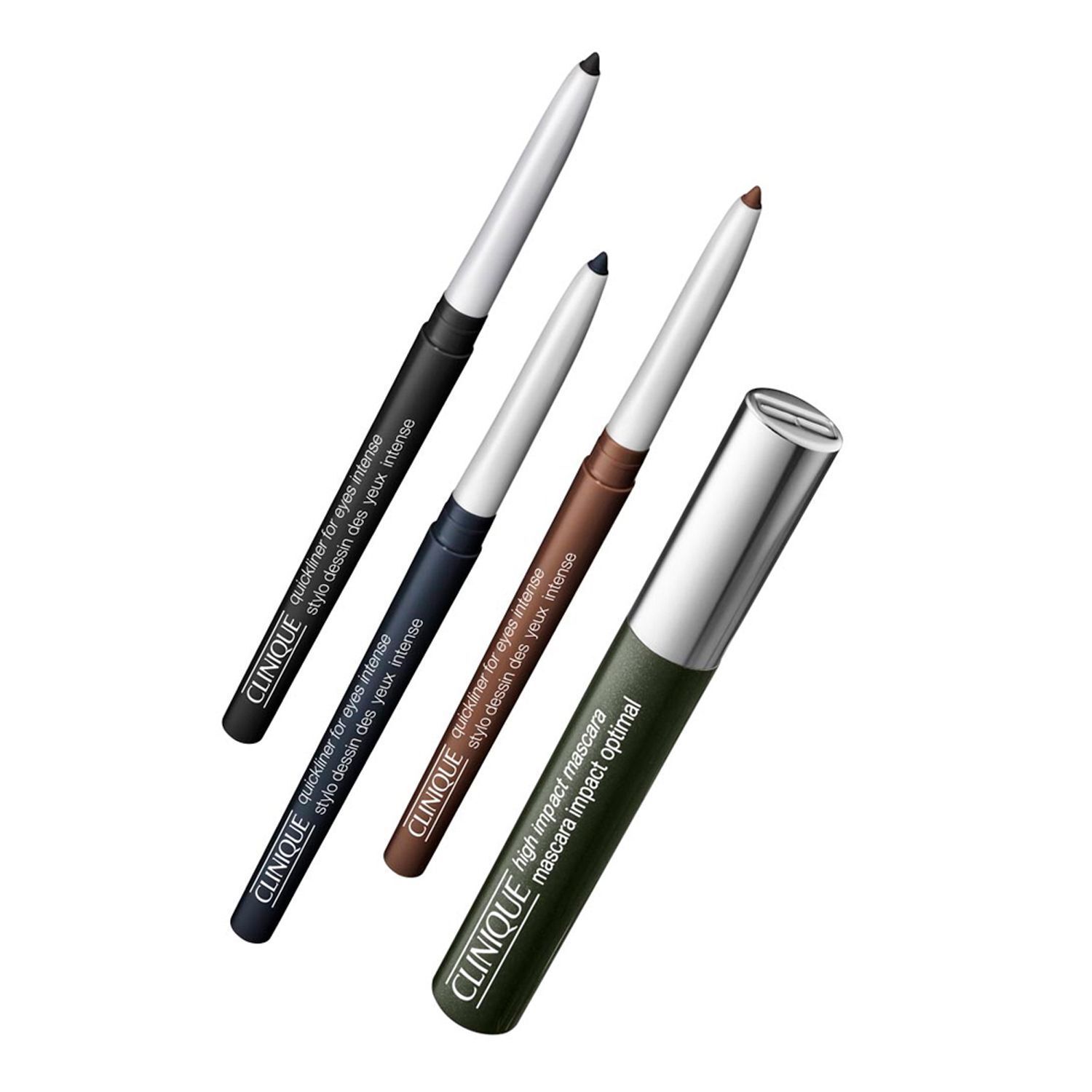 Quatre crayons eye-liner Clinique de différentes couleurs et un mascara Clinique.