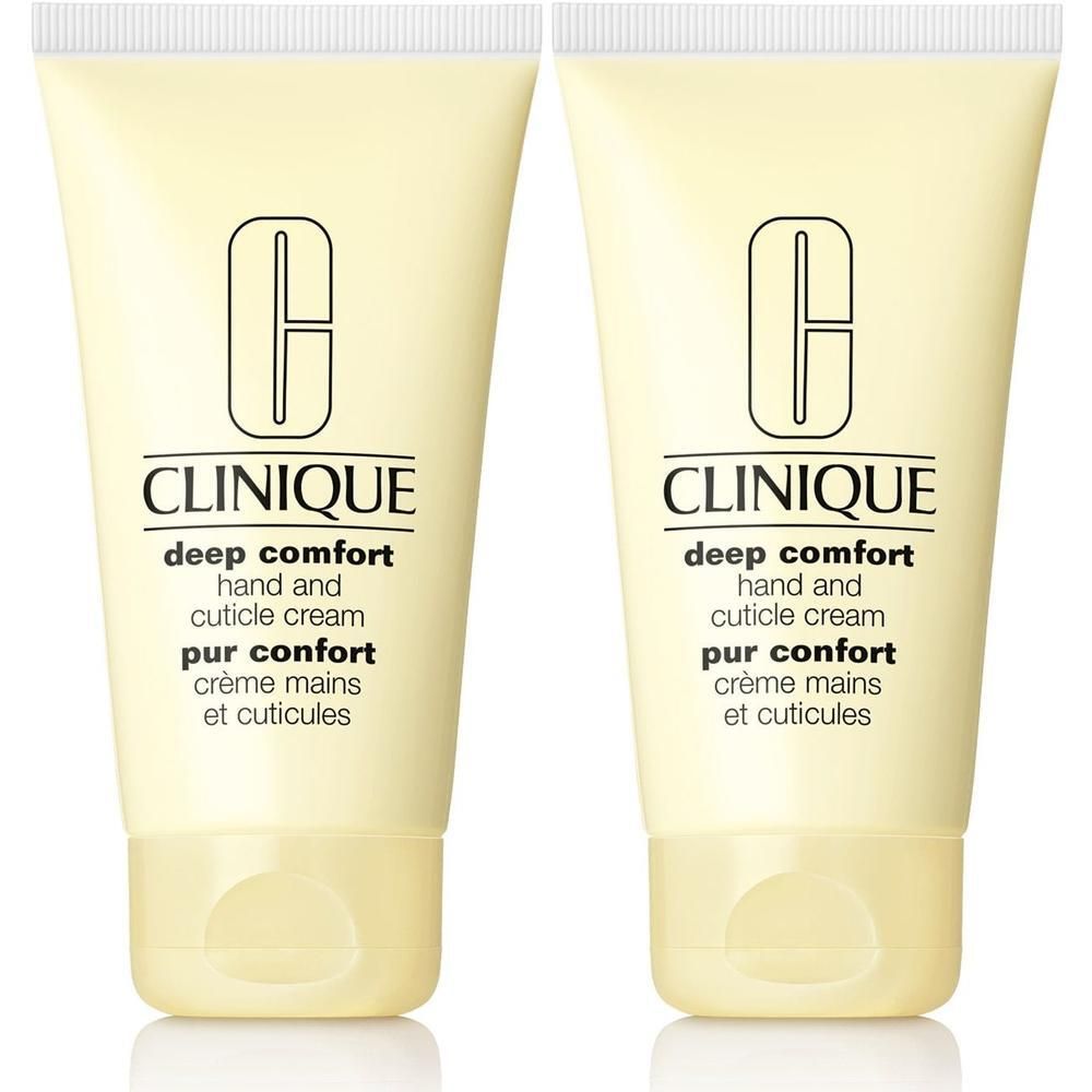 Twee tubes CLINIQUE Deep Comfort hand- en nagelcrème. Romige textuur, lichtgele verpakking met witte dop.