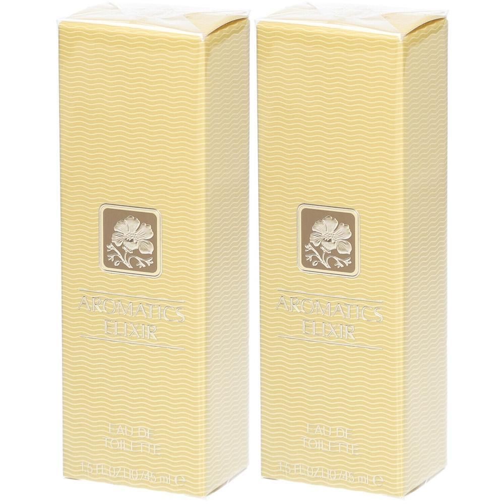 Twee gele rechthoekige dozen. Op elke doos een vierkant logo met een bloem. Tekst: Aromatics Elixir Eau de Toilette.