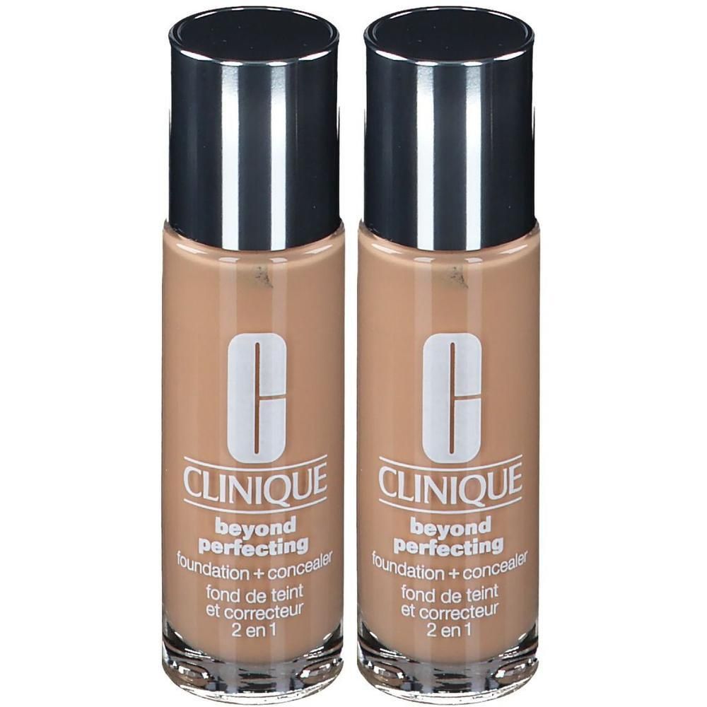 Deux flacons de fond de teint. Inscription: CLINIQUE, beyond perfecting foundation + concealer, fond de teint et correcteur 2 en 1. Teinte: Cream Chamois.