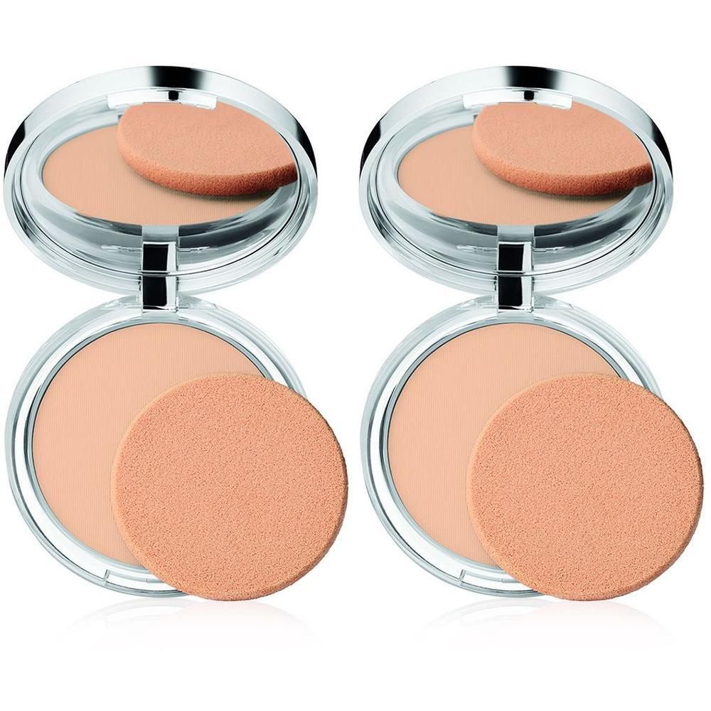 Deux poudriers ronds ouverts, miroir et éponge. Poudre beige.