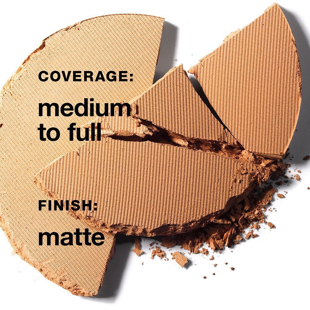 Gebroken beige poeder met tekst: 'COVERAGE: medium to full', 'FINISH: matte'.
