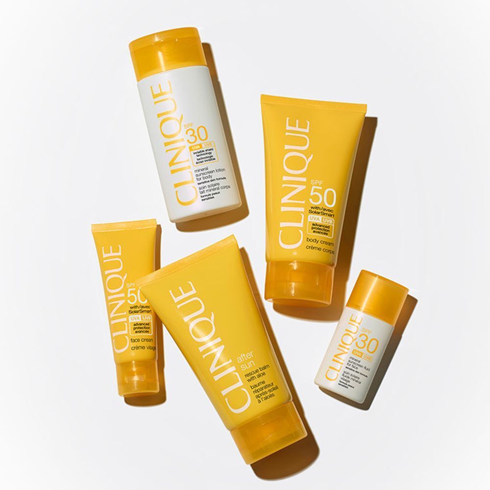 CLINIQUE zonbeschermingsproducten: gezichtscrème SPF 30, bodycrème SPF 50, gezichtscrème SPF 50.