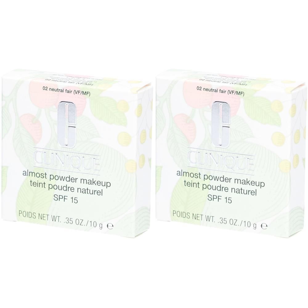 Deux boîtes de Clinique Almost Powder Makeup. Boîtes blanches avec nom du produit, SPF 15 et logo. 02 neutral fair.