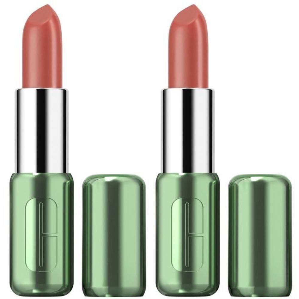 Twee lippenstiften met open doppen. De lippenstiften zijn roze en hebben groene hulzen.