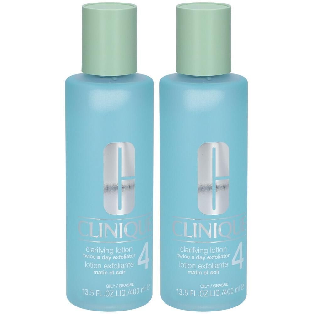 Deux flacons Clinique Clarifying Lotion 4, 400 ml, avec bouchons vert clair.