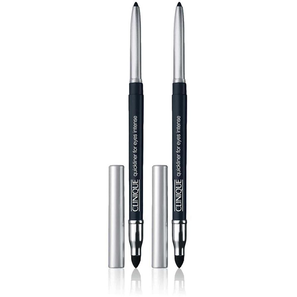 Twee zwarte Clinique Quickliner™ For Eyes Intense eyeliners met zilveren doppen. Opschrift: Quickliner for eyes intense.