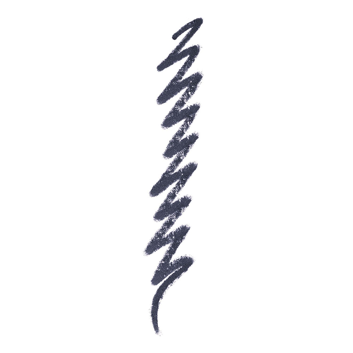 Donkerblauwe eyeliner-streep in zigzagvorm op witte achtergrond.