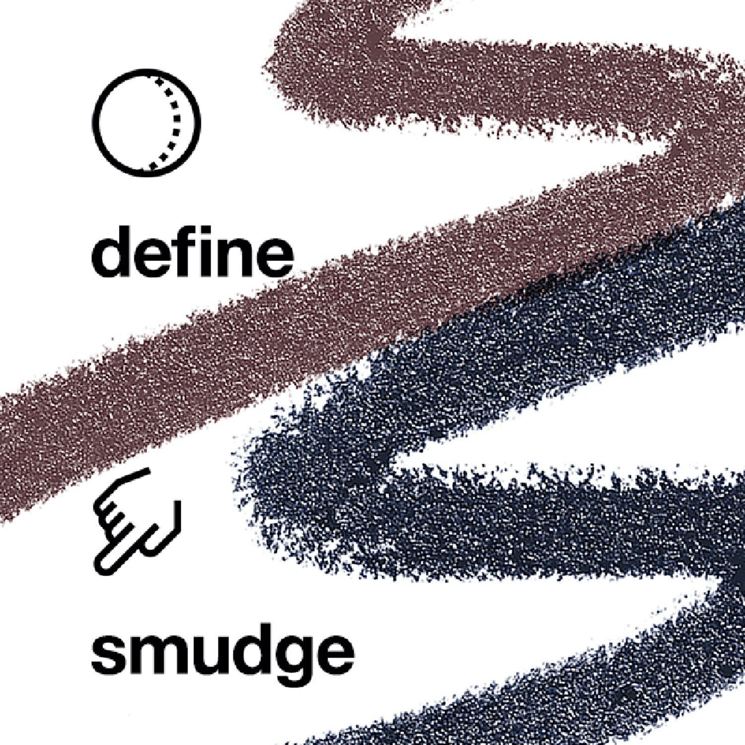 Illustraties: donkerbruine en donkerblauwe eyeliner-strepen met iconen voor definiëren en vervagen.